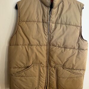 Tan Sleeveless Puffer Vest with Quilted Design and Stand-Up Collar